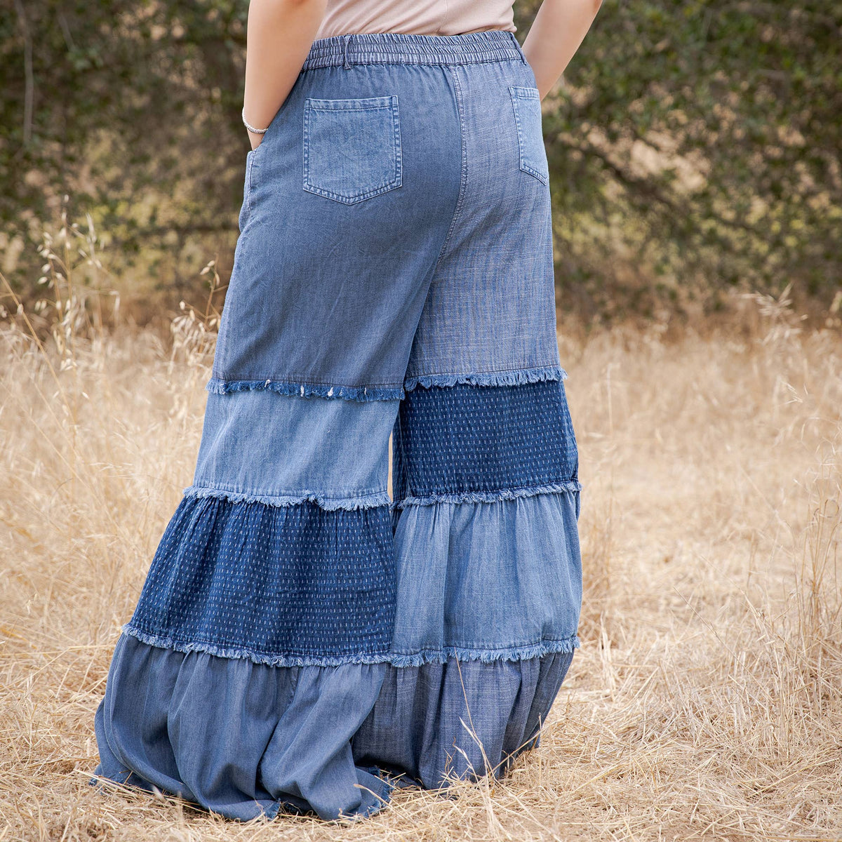 Patchwork Tiered Denim Flare Pants