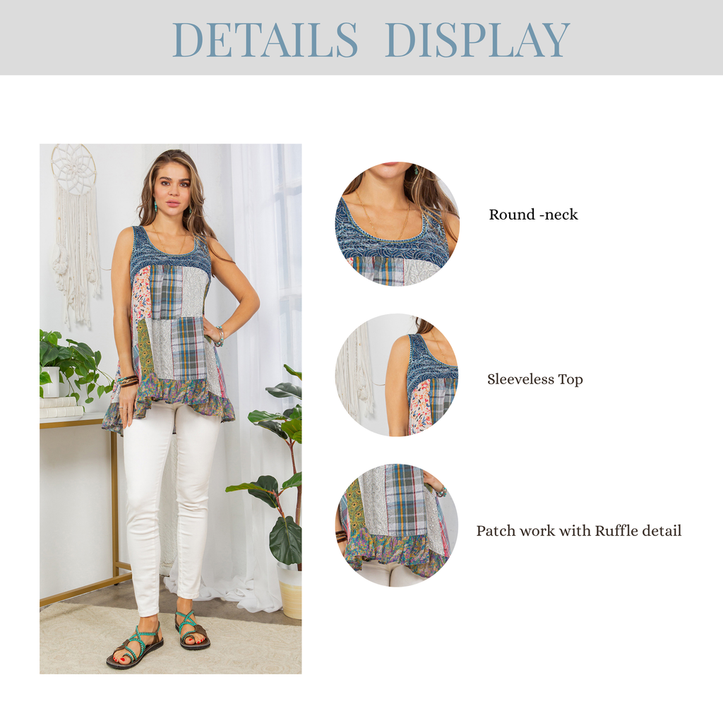 Boho Fusion Denim And Plaid Flowy Tank Top