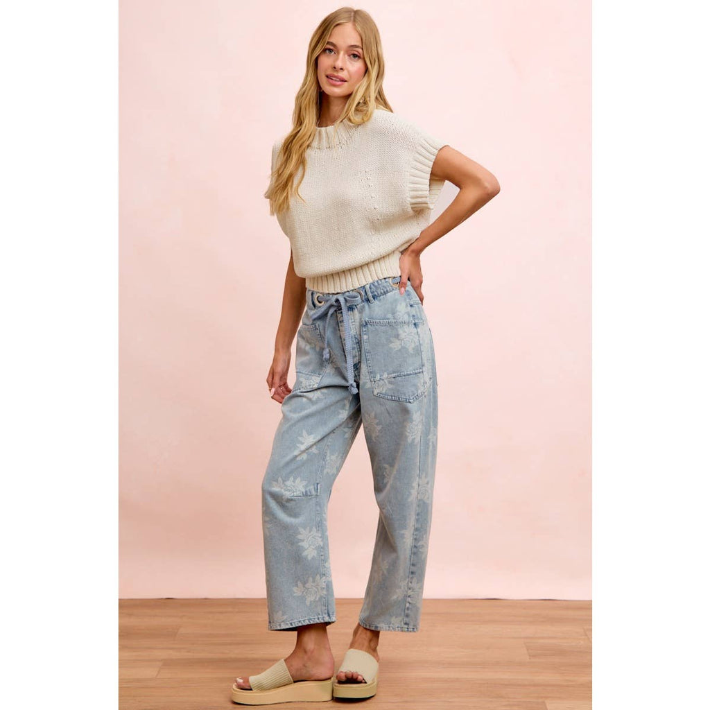ROSE PRINTED WASHED DENIM PANTS WITH WAIST BELT