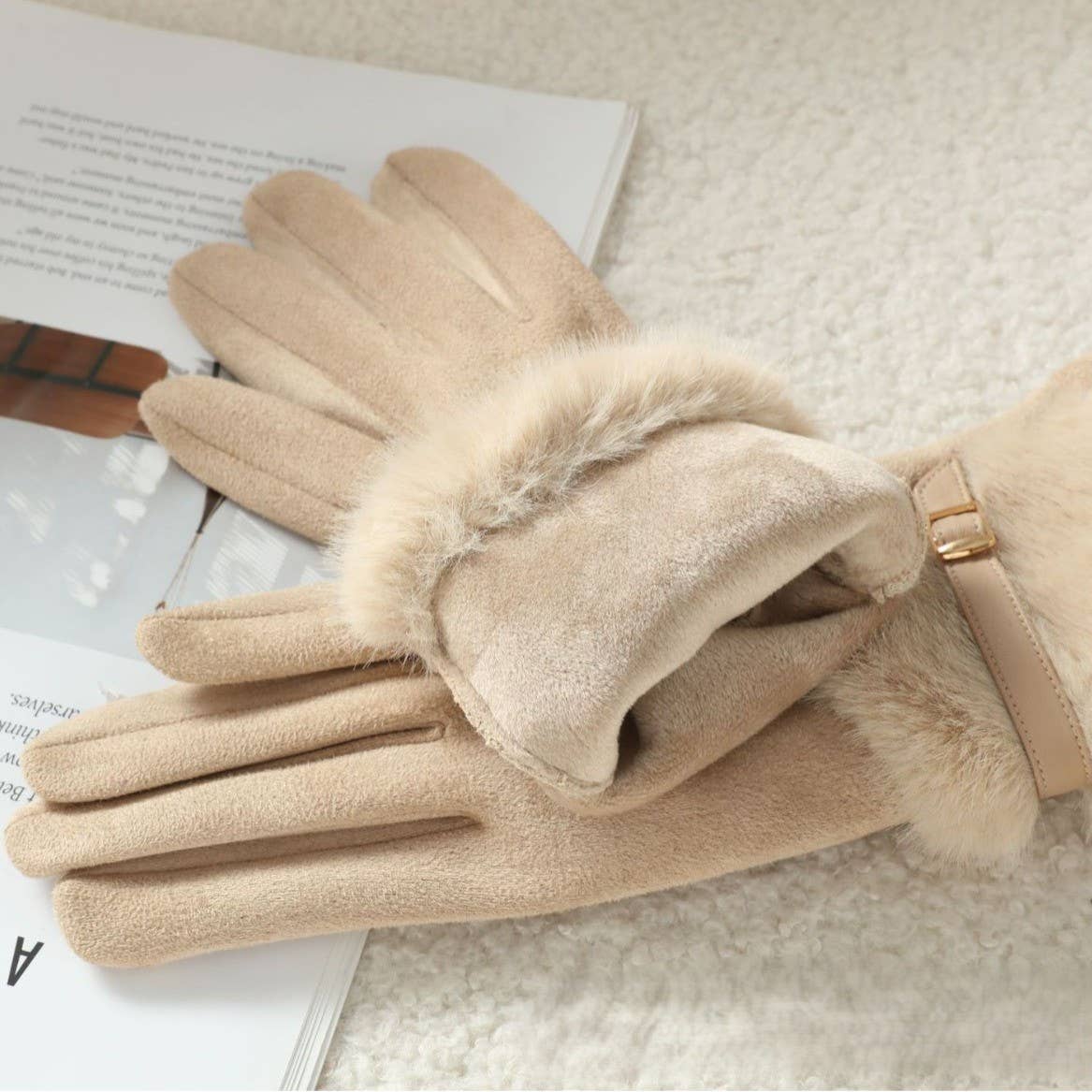 Faux Suede Gloves with Fur and Belt Accent