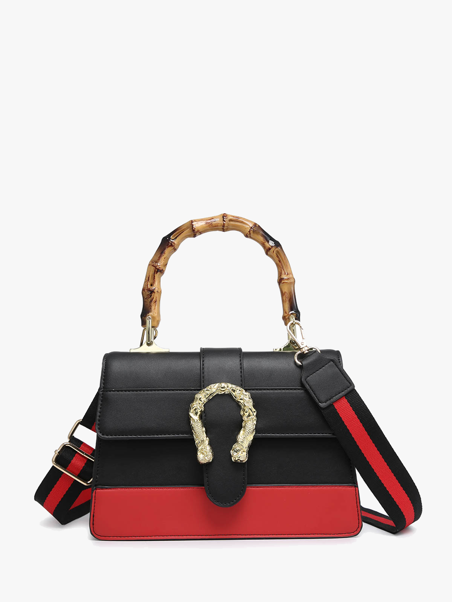 A stylish long shoulder bag with color blocking and gold bead details.