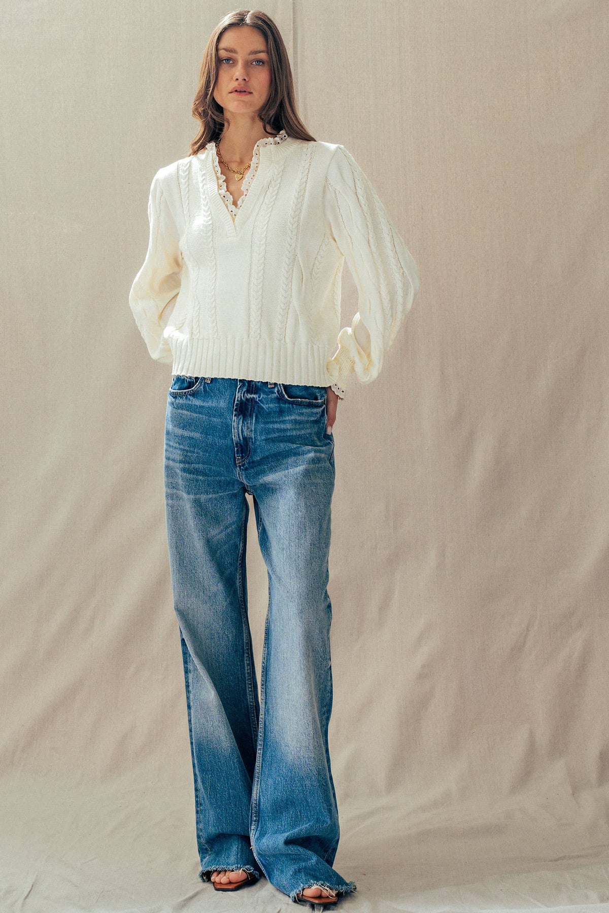 Elsie Lace Trim Cable Knit Sweater