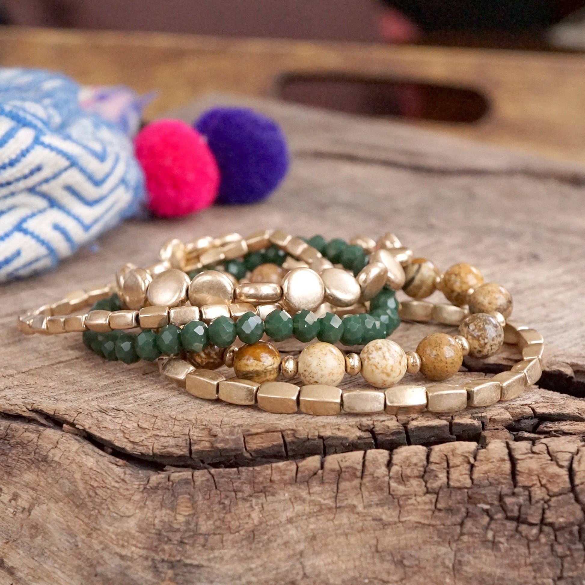Boho Beaded Bracelet Stack Green Brown and worn gold tone - Set of 5