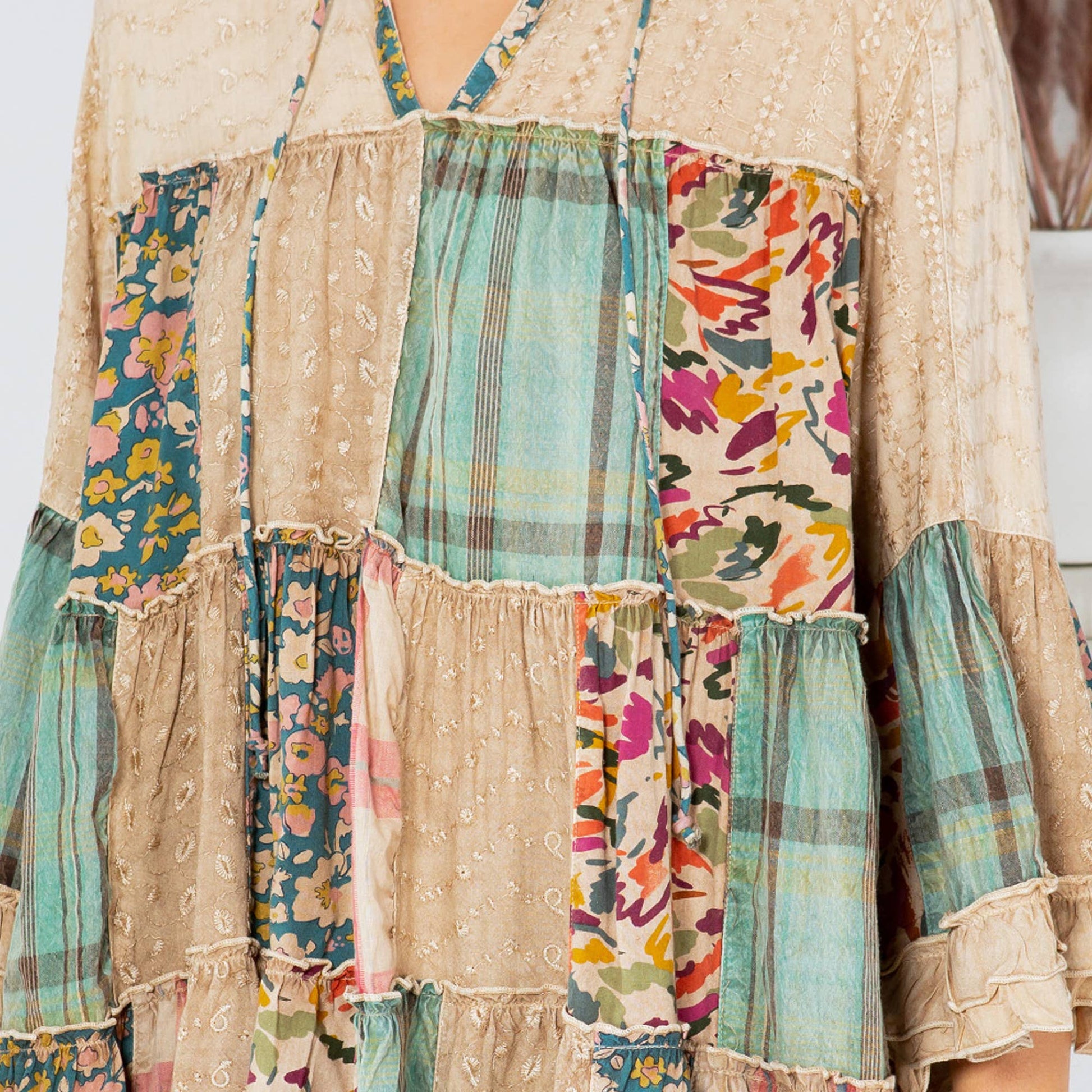 Boho Fusion Patchwork Flowy Tunic Top