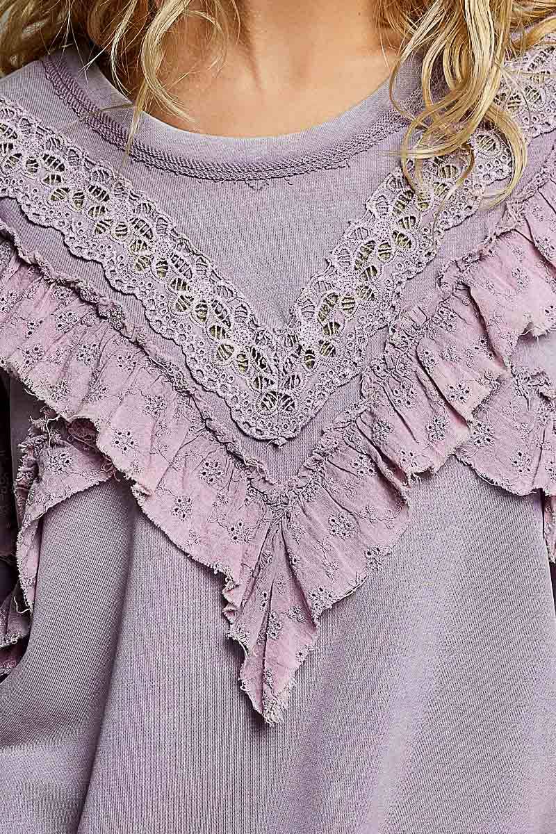 POL French Terry Eyelet Ruffle Vintage Washing Solid Knit Top