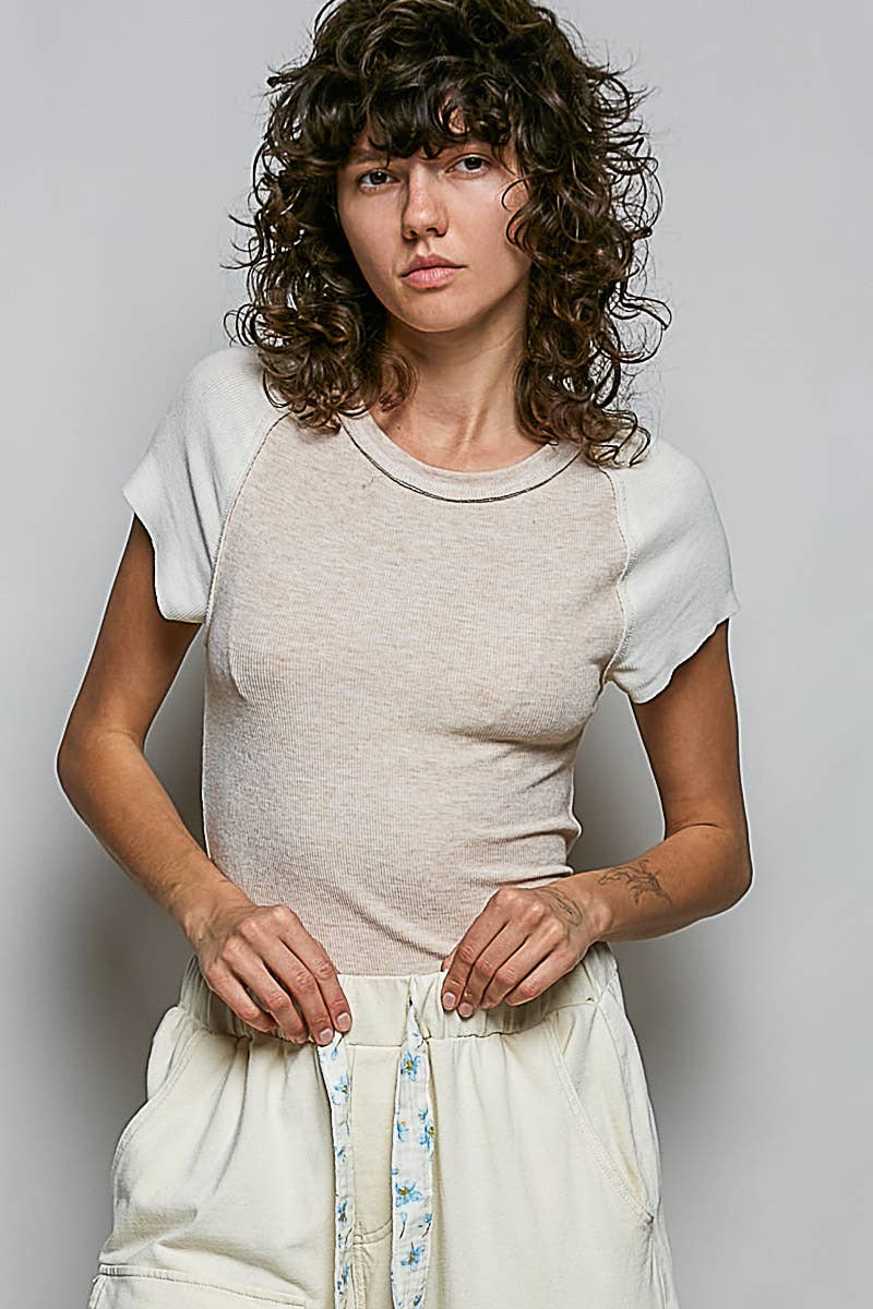 Round Neck Raglan Sleeve Contrast Solid Fitted Rib Top