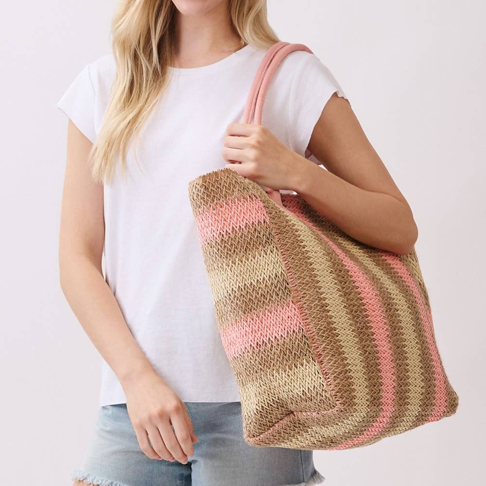 Large Straw Braided Striped Tote Bag