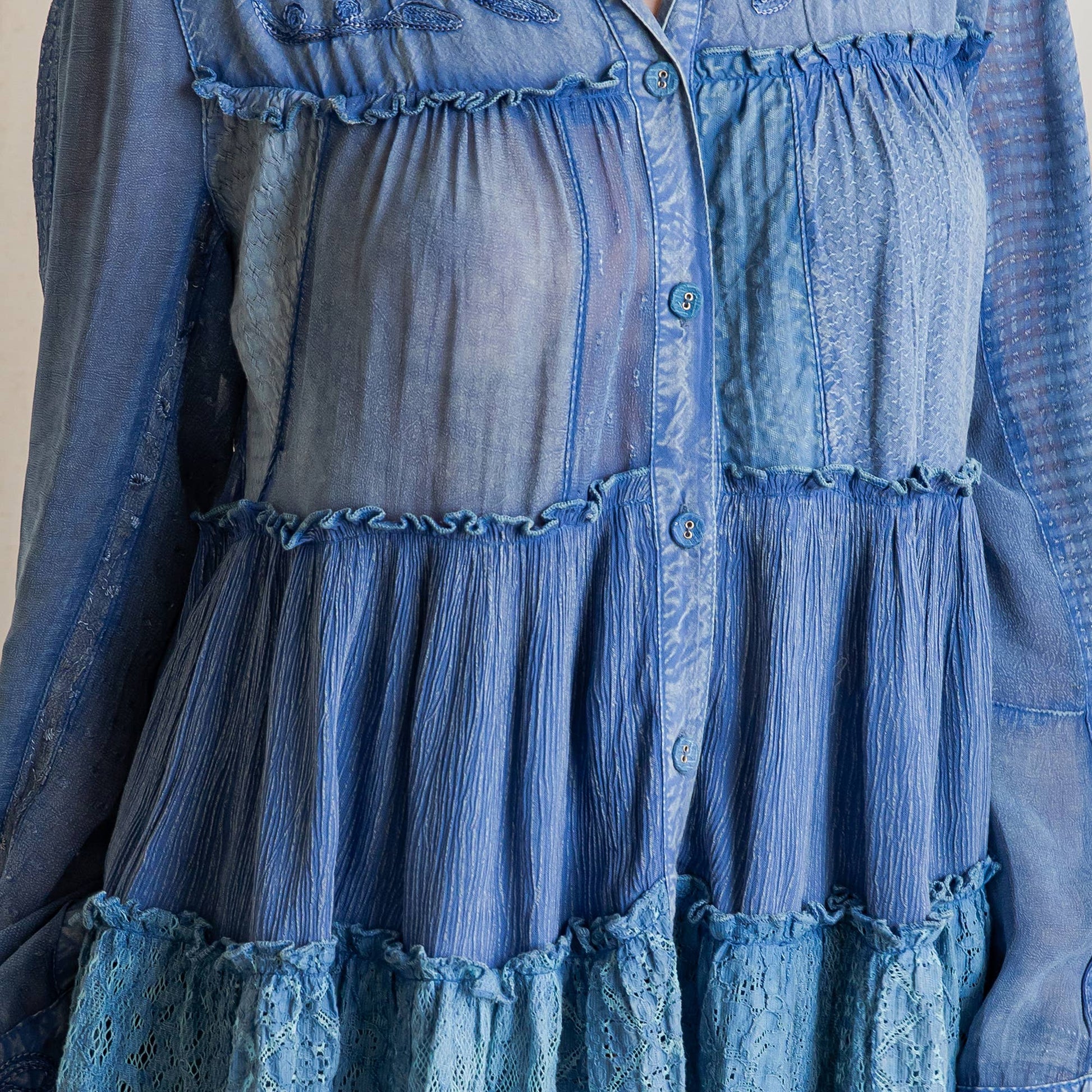 Mineral Wash Tiered Button-Down Blouse with Floral Details