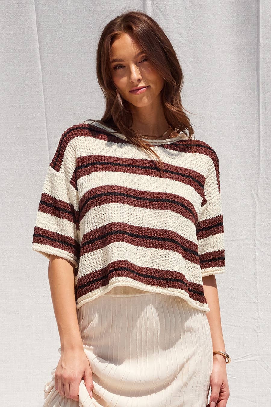 3/4 Sleeve Slouchy Striped Knit Top