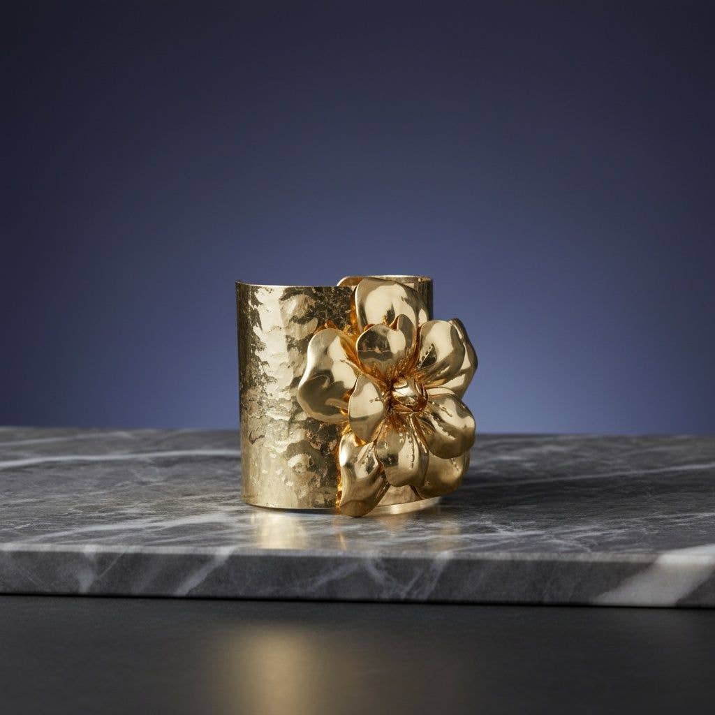Cuff Hammered Gold Magnolia Flower Bracelet