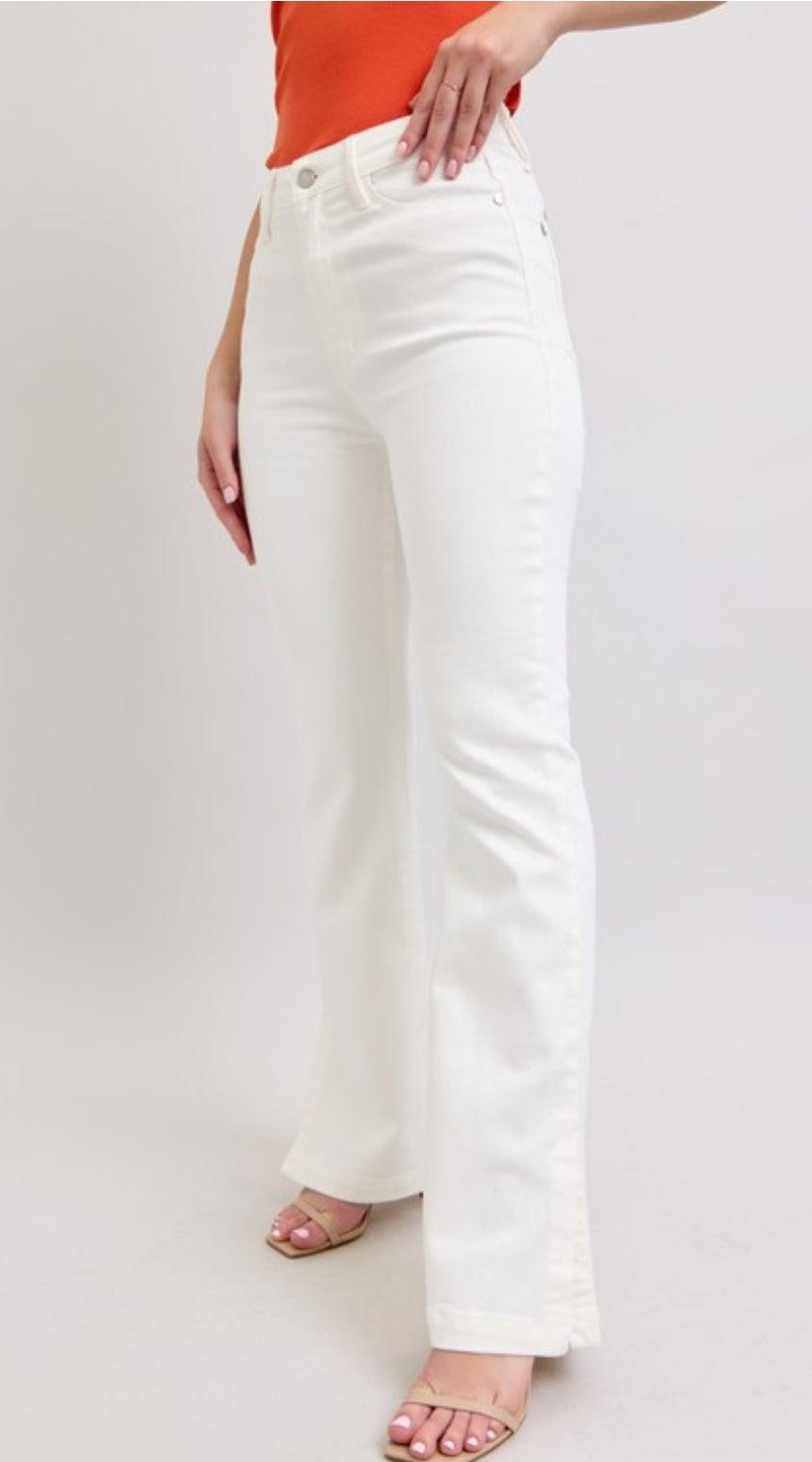 Judy Blue High-Waisted White Denim with Side Slit Flare