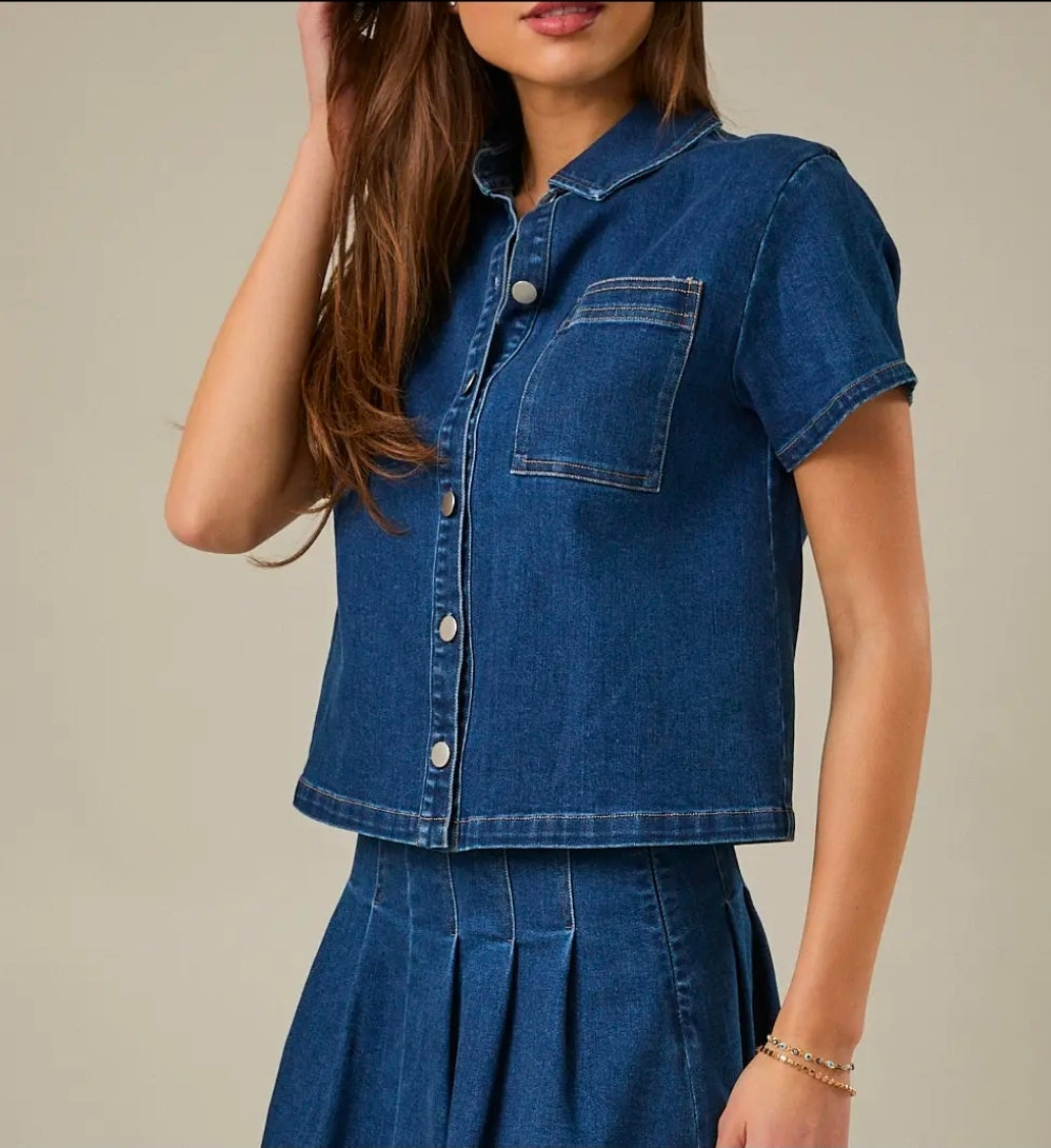 Cropped Denim Button Down Short Sleeve Jacket Top