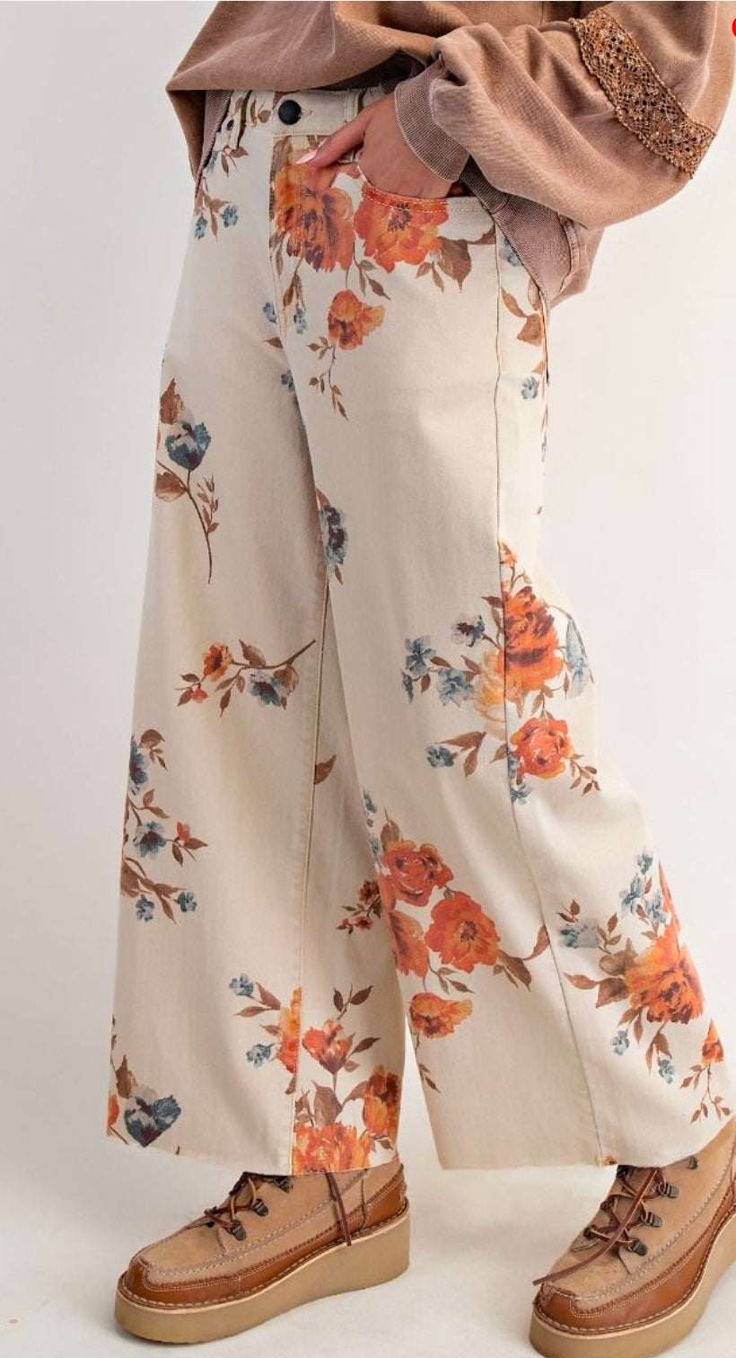 Easel Flower Print Stretch Twill Pants