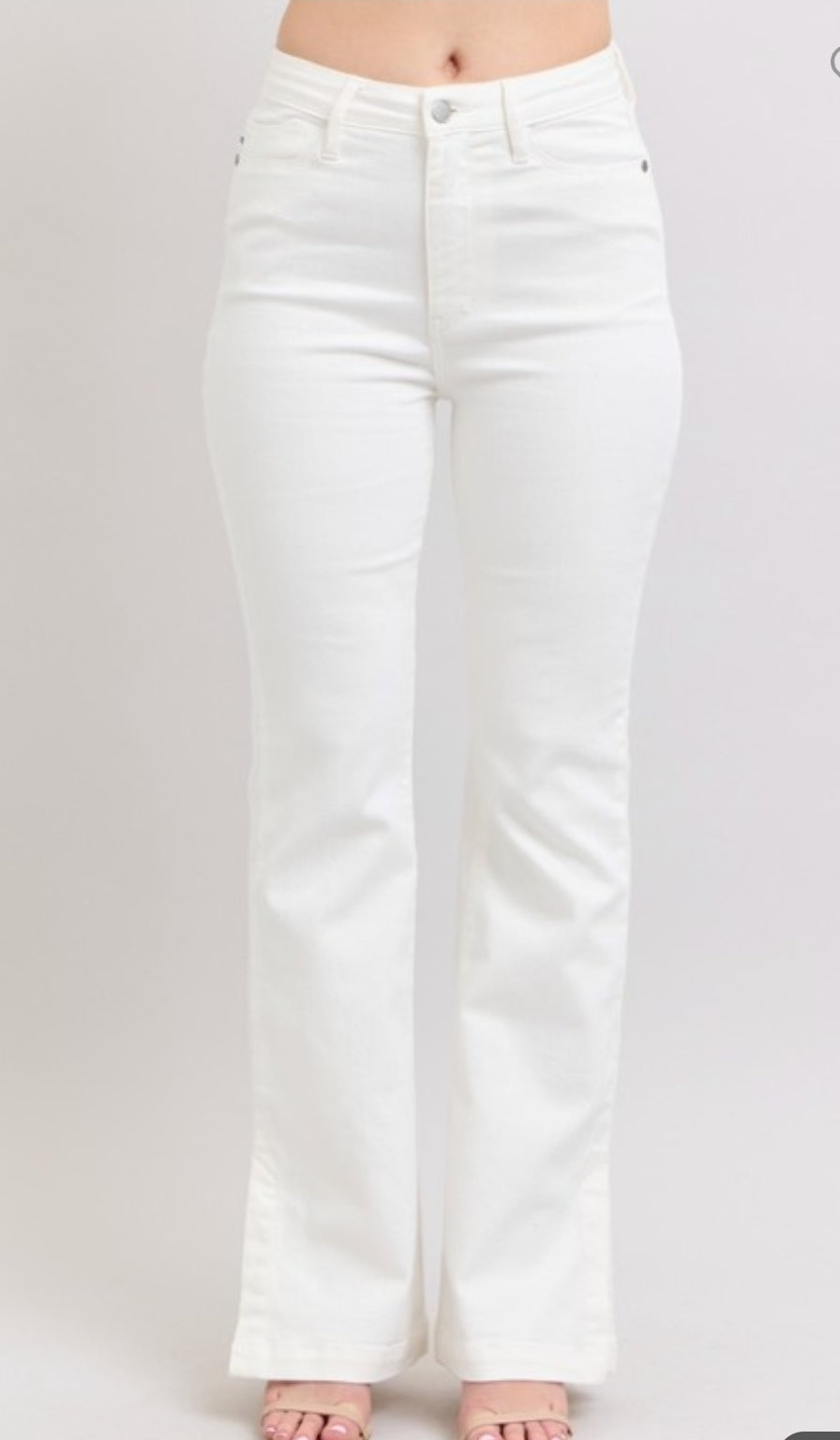 Judy Blue High-Waisted White Denim with Side Slit Flare