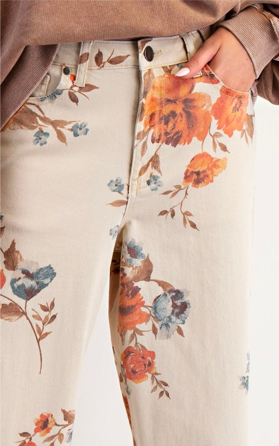 Easel Flower Print Stretch Twill Pants