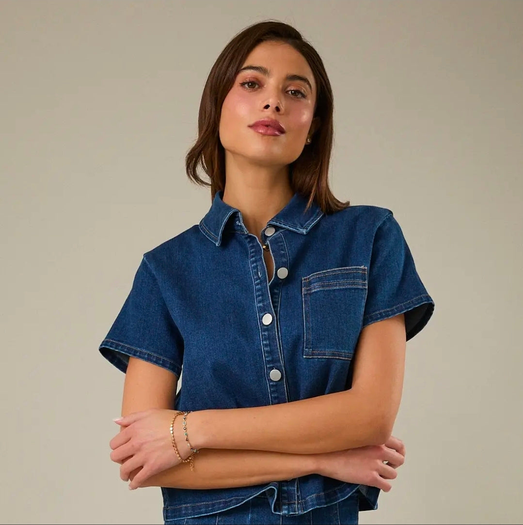 Cropped Denim Button Down Short Sleeve Jacket Top