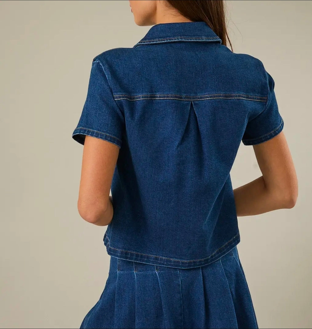 Cropped Denim Button Down Short Sleeve Jacket Top