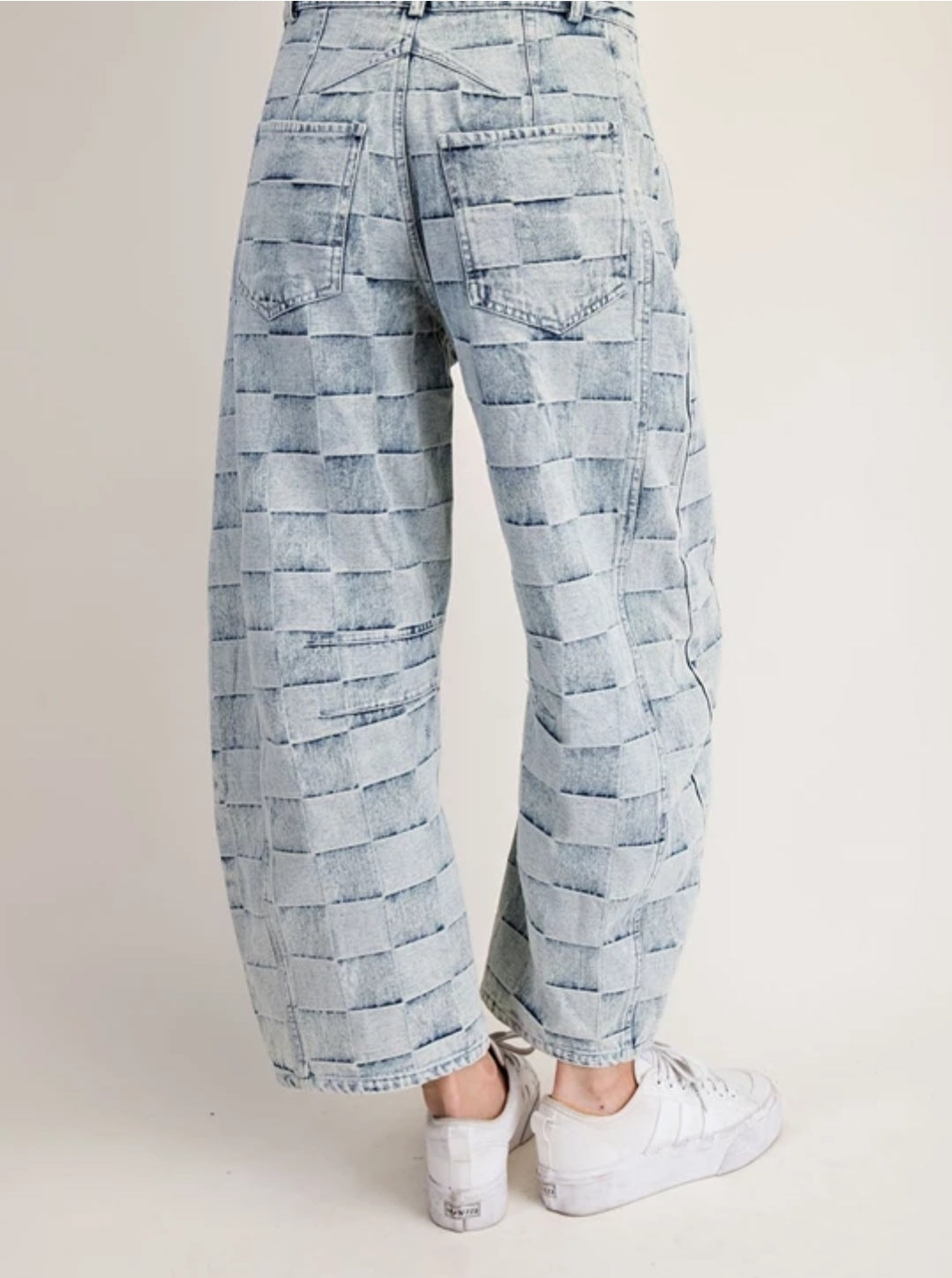 Mariana Barrel Leg Jeans - Checkered Patchwork Design