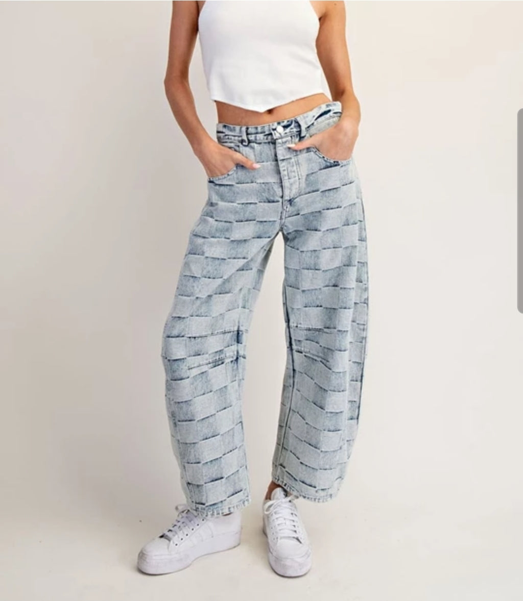 Mariana Barrel Leg Jeans - Checkered Patchwork Design