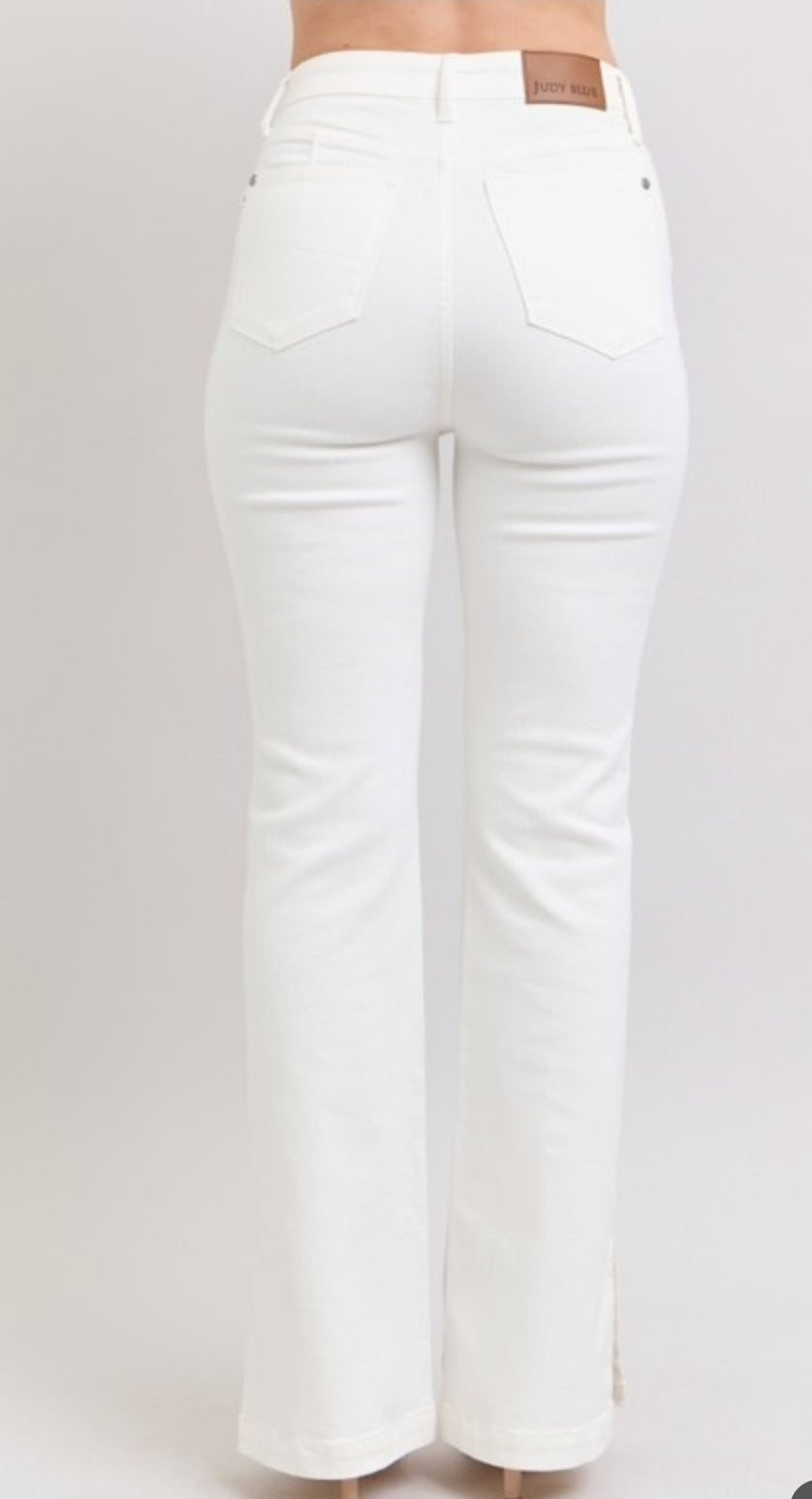 Judy Blue High-Waisted White Denim with Side Slit Flare