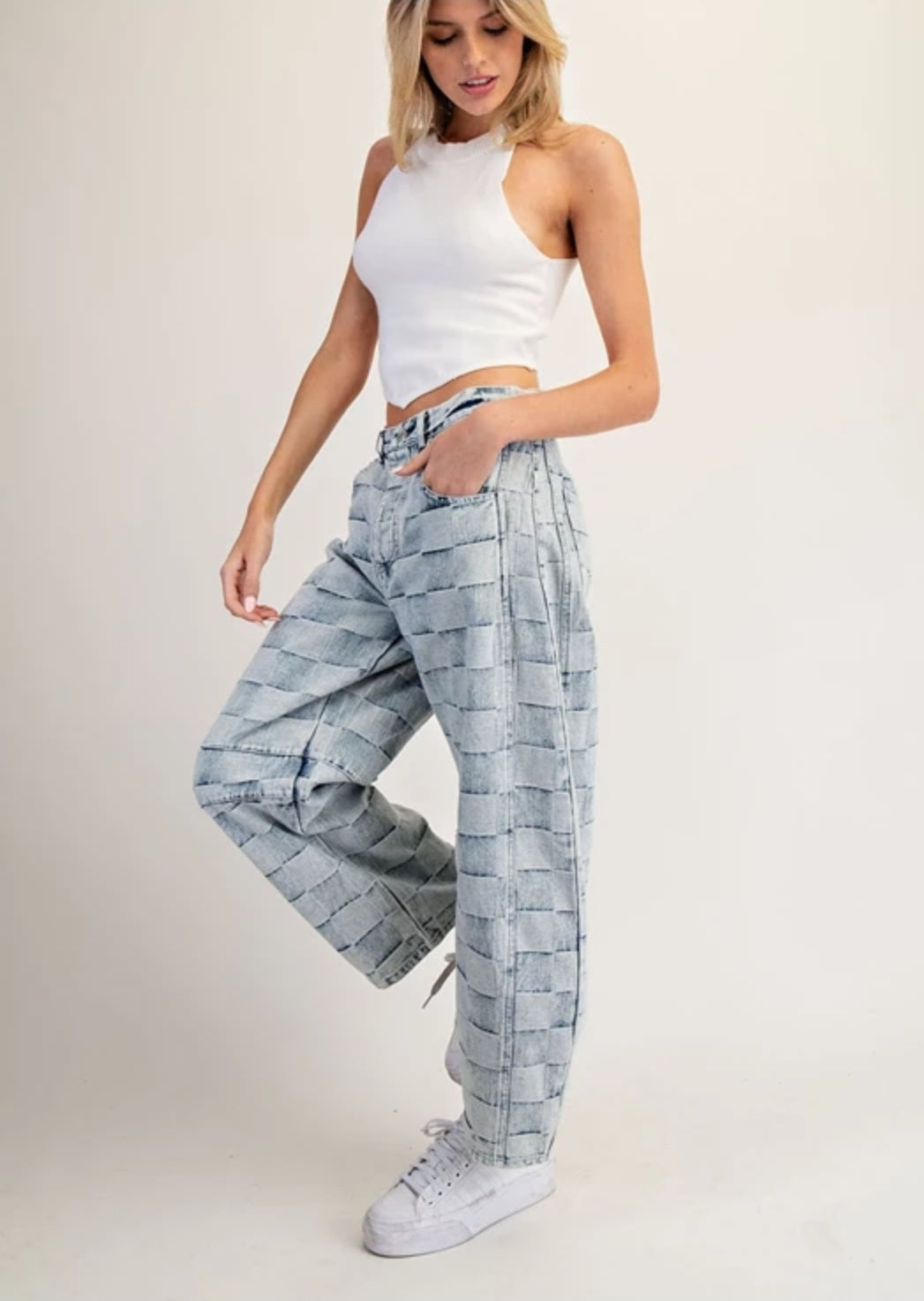 Mariana Barrel Leg Jeans - Checkered Patchwork Design