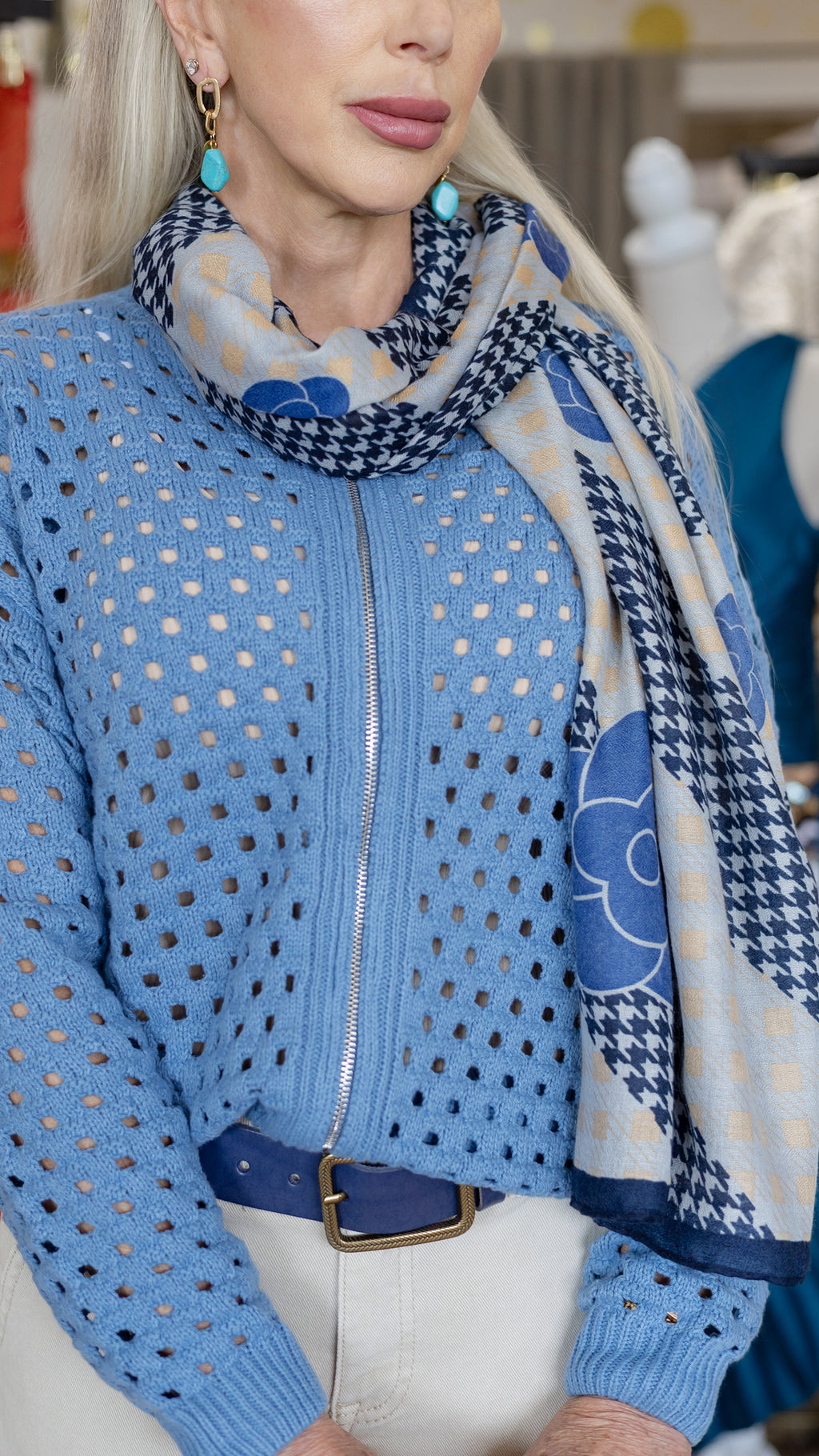 Nelly by Elan Zip-Up Cardigan - Gorgeous Blue Crochet