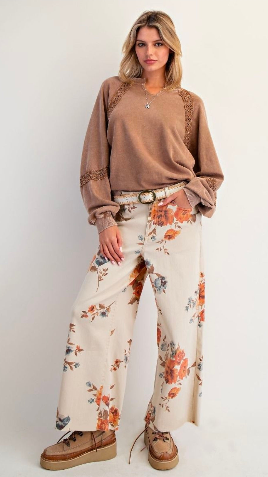 Easel Flower Print Stretch Twill Pants