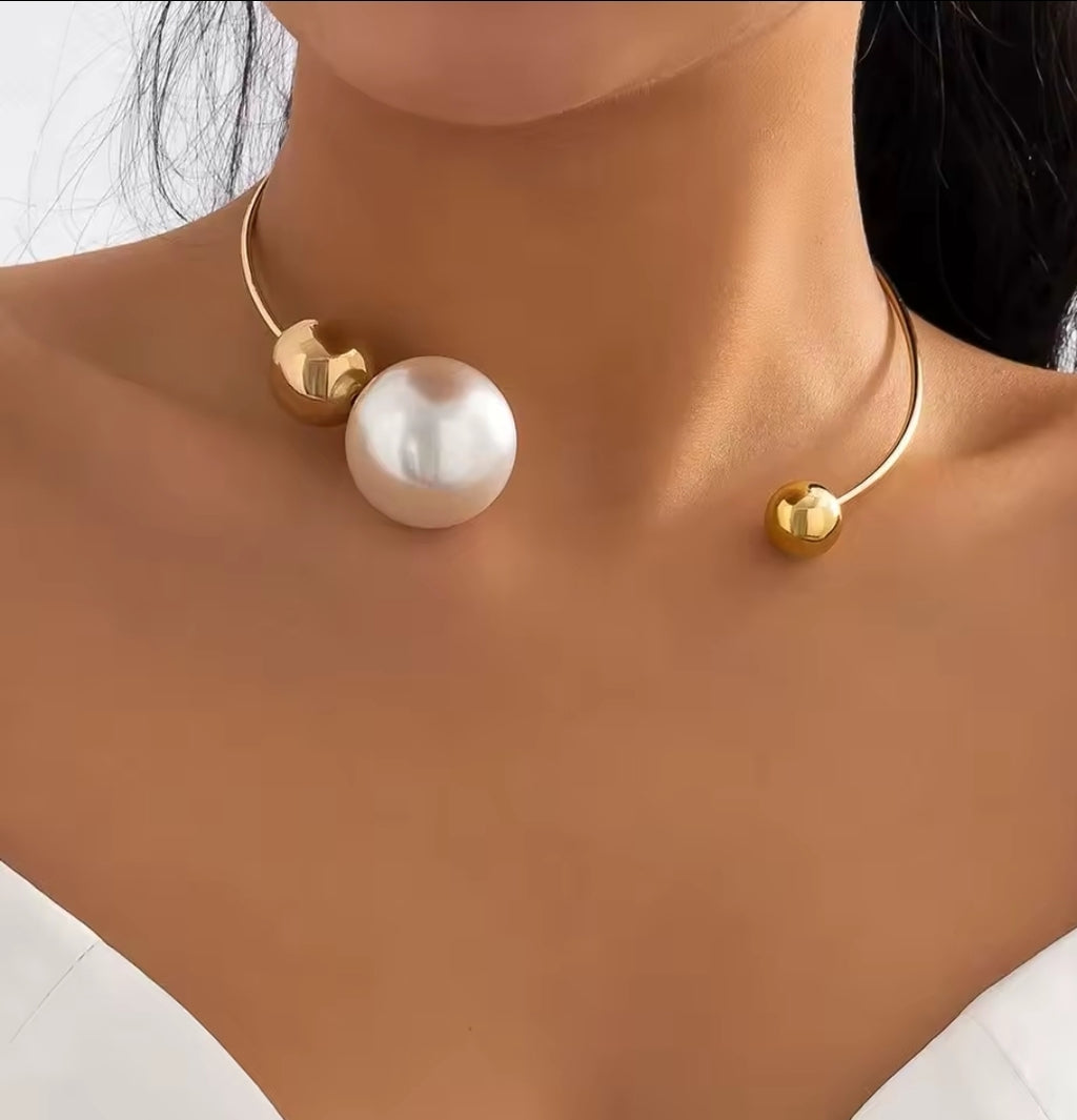 Statement Pearl & Gold Ball Necklace - Unique Designer Piece
