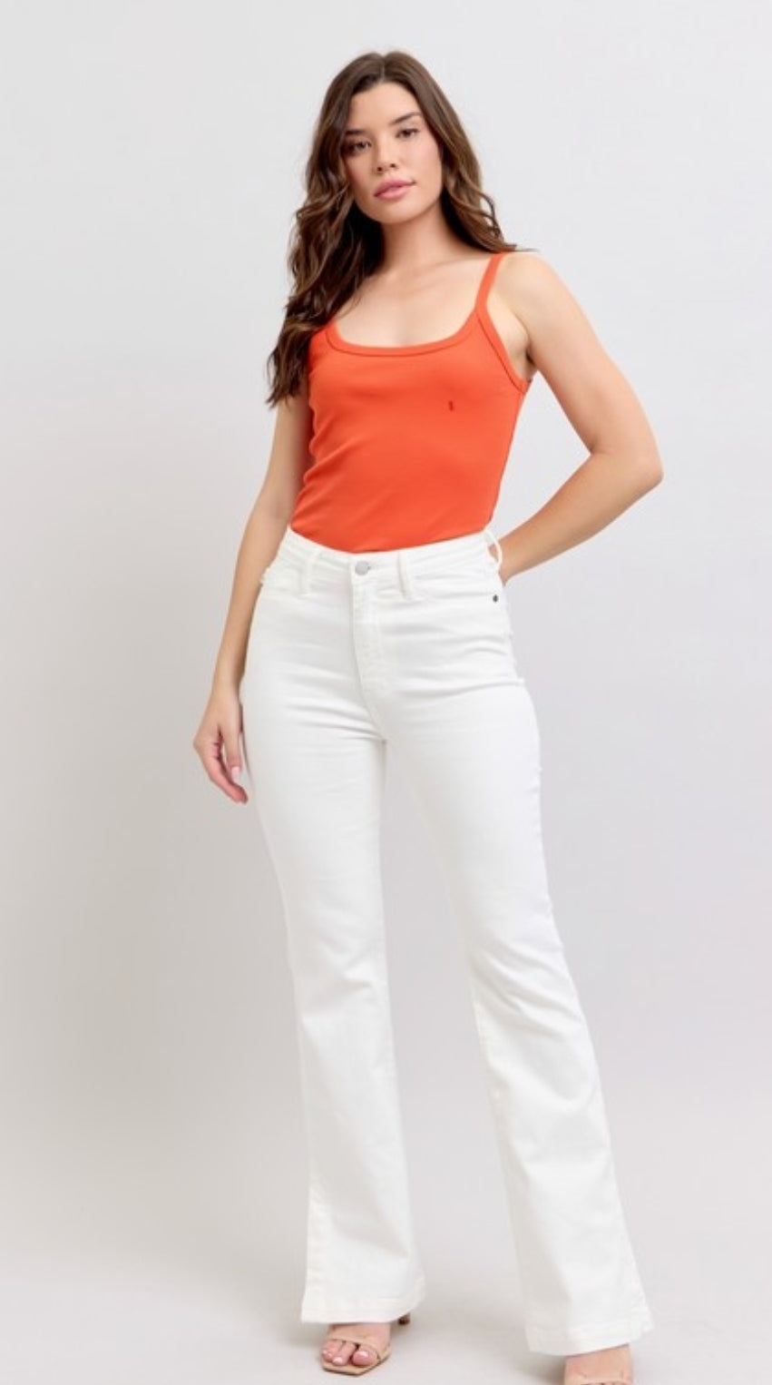 Judy Blue High-Waisted White Denim with Side Slit Flare