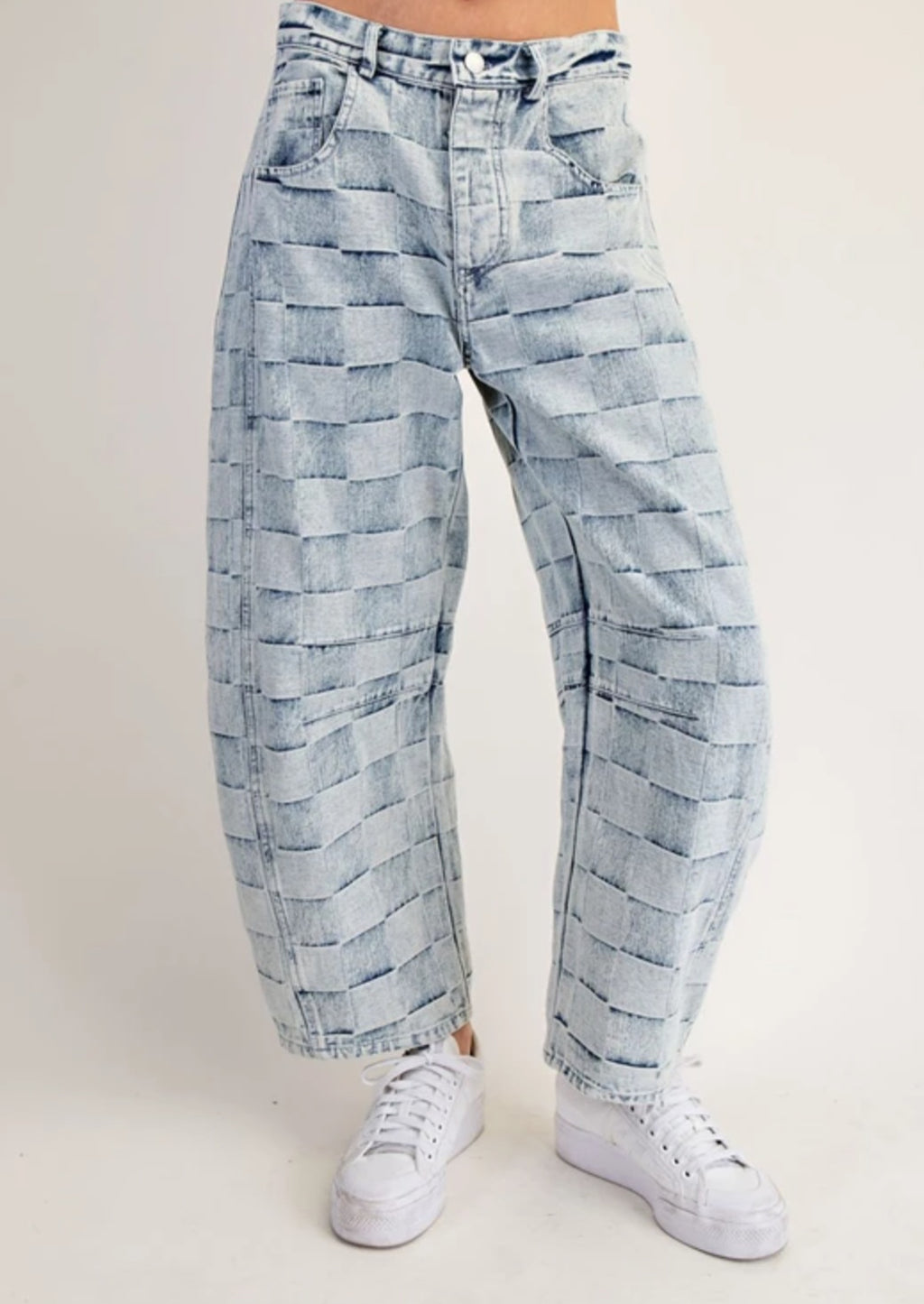 Mariana Barrel Leg Jeans - Checkered Patchwork Design