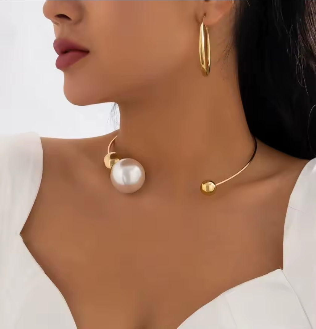 Statement Pearl & Gold Ball Necklace - Unique Designer Piece