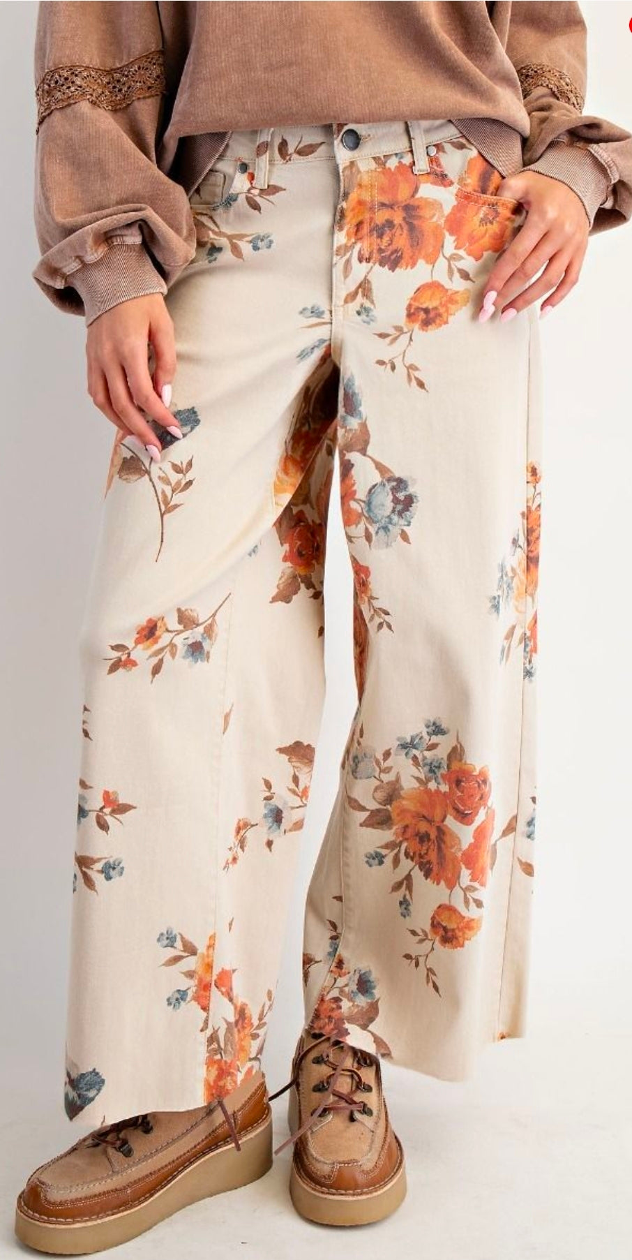 Easel Flower Print Stretch Twill Pants