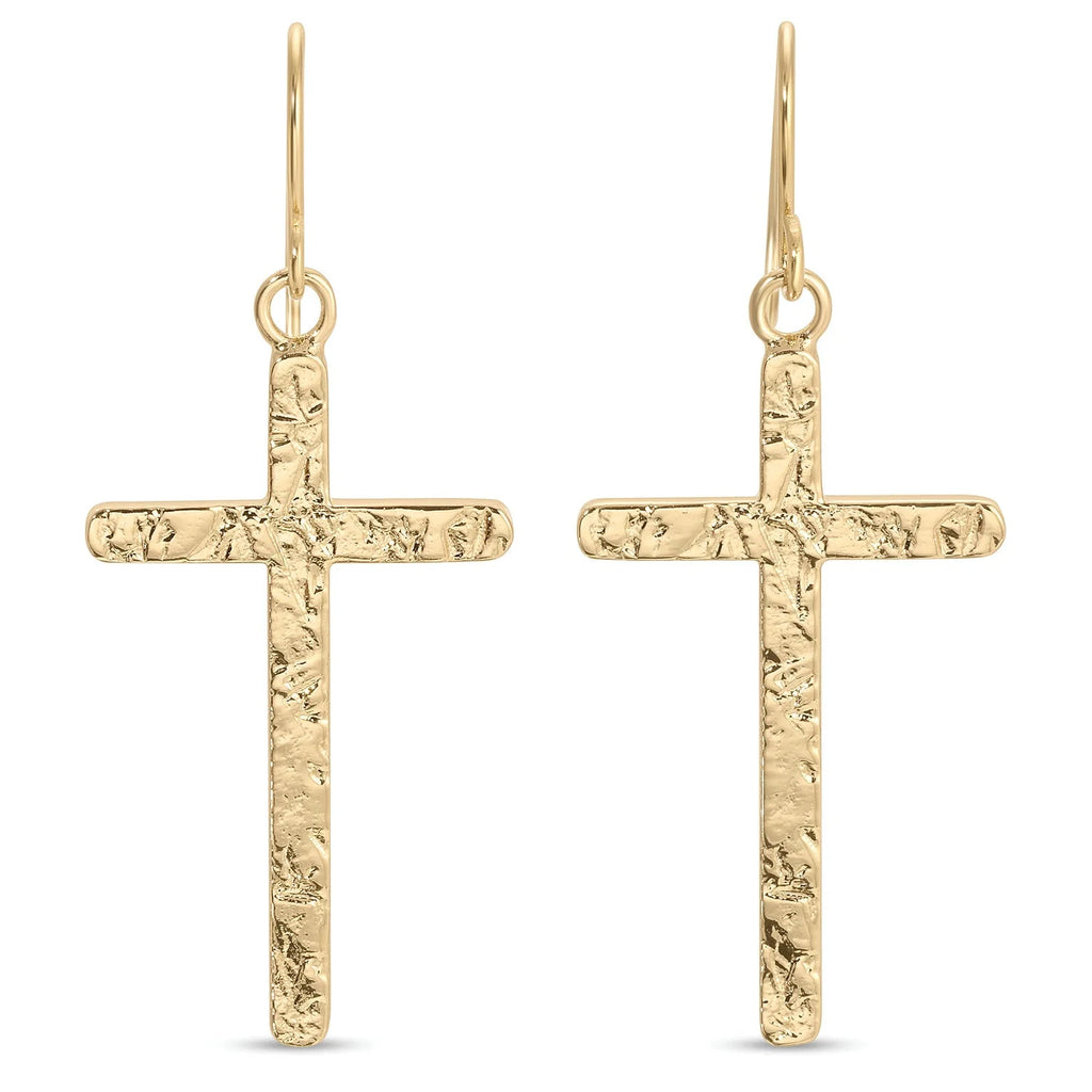 Splendid Iris Long Gilded Cross Earrings