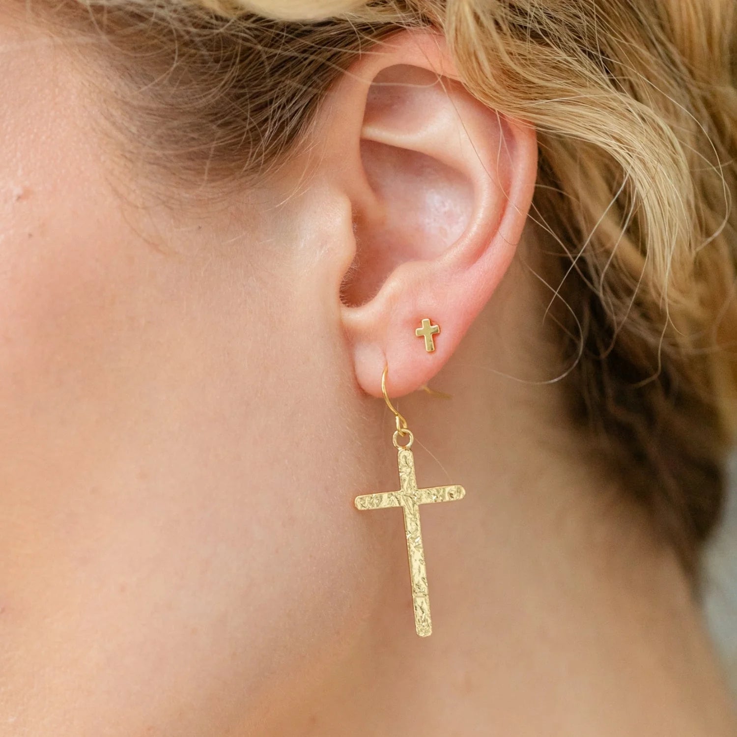 Splendid Iris Long Gilded Cross Earrings